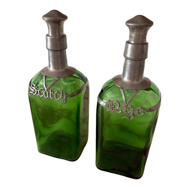 Vintage Green Glass Decanters With Pewter Cage and Stopper - Pair For Sale