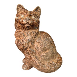 Antique Cast Iron Seated Cat Doorstop Vintage Orange Painted Feline Figure 4lb For Sale