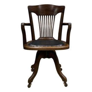 Antique Victorian Oak Railback Clerks Desk Chair with Porcelain Castors, 1890s For Sale