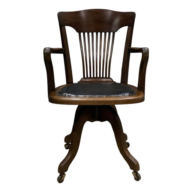 Antique Victorian Oak Railback Clerks Desk Chair with Porcelain Castors, 1890s For Sale
