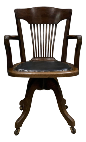 Antique Victorian Oak Railback Clerks Desk Chair with Porcelain Castors, 1890s