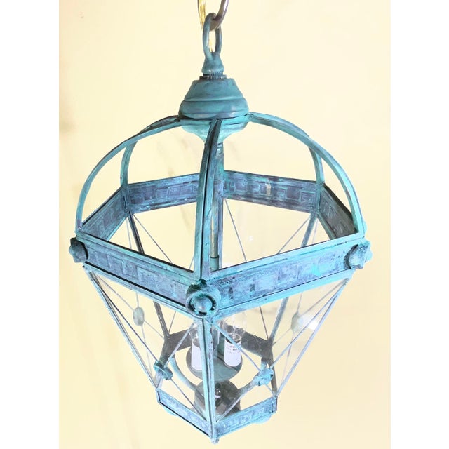 Vintage Style Solid Brass Verdigris Hanging Lantern - Restored & Rewired / 23”h For Sale - Image 11 of 18