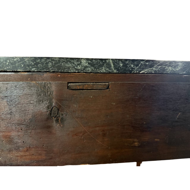 Massive Antique Demilune Mahogany Console Table With Green Marble Top – Louis XVI Neoclassical / George III Style Entryway Fretwork Accent Table For Sale - Image 9 of 12