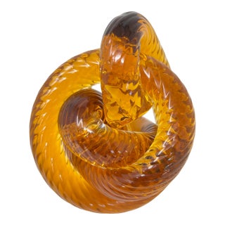 Signed Amber & Cognac Art Glass Infinity Knot Sculpture, Serpentine Texture For Sale