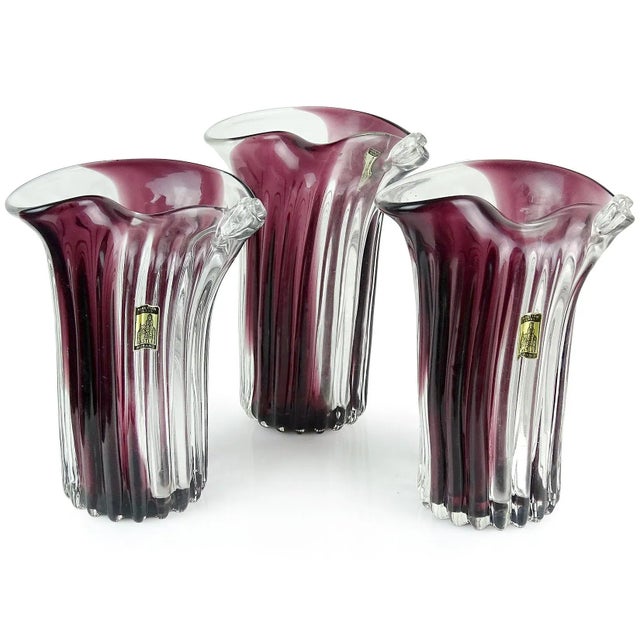 Priced per item (3 available as shown). Beautiful vintage Murano hand blown purple stripe panels with ribbed pattern...