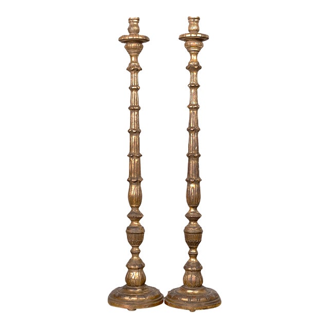 Late 20th Century Carved Wood and Gilded Floor Lamps - a Pair For Sale