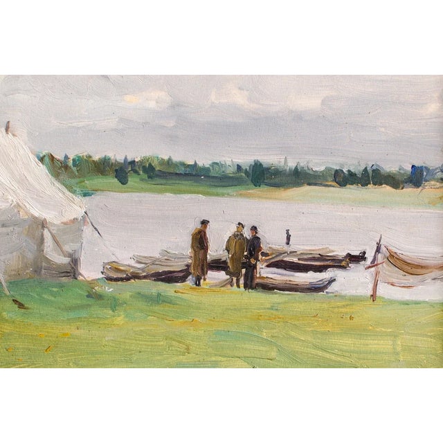 Vintage 1959 Original Signed & Framed Oil Landscape Painting of Uniformed Soldiers Natalya Aleksandrovna Gippus For Sale - Image 4 of 11