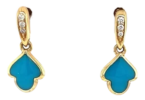 Kabana 14k Yellow Gold Diamond Turquoise Lotus Flower Dangle Earrings - 2 Pieces