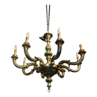 1990s Italian Wood Carved Eight Light Single Tier Chandelier For Sale