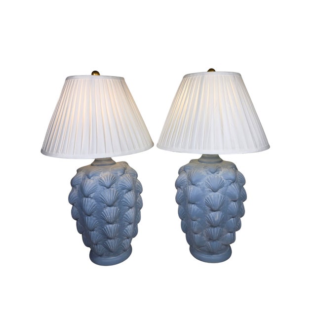 Vintage Hollywood Regency Blue Scallop Shell Lamps |- Coastal Neoclassical - a Pair For Sale - Image 10 of 12