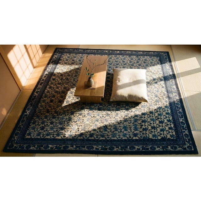 Charming White Ivory and Blue Color With Great Chinoiserie Pattern Antique Chinese Peking Rug For Sale - Image 9 of 9