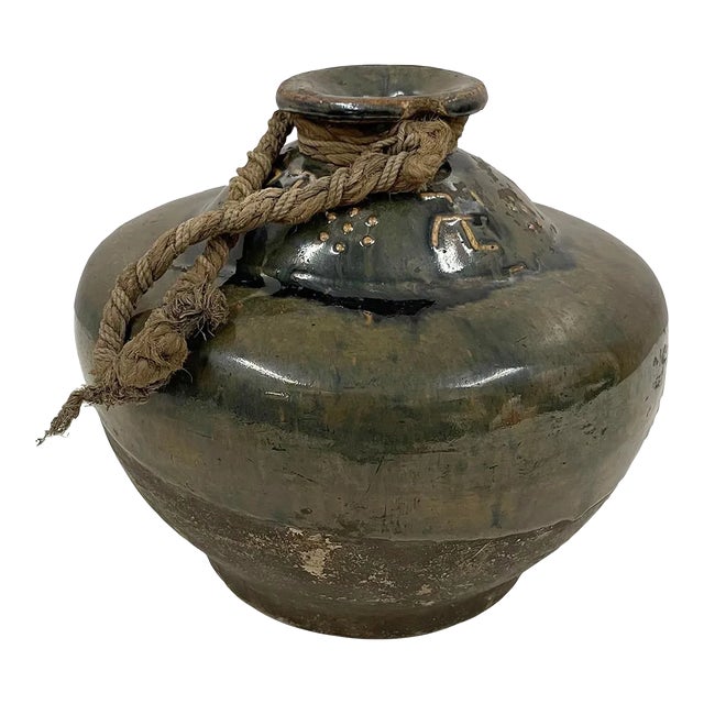 Early 20 Century Vintage Chinese Dark Green Glaze Pottery Vase/Liquor Bottle For Sale