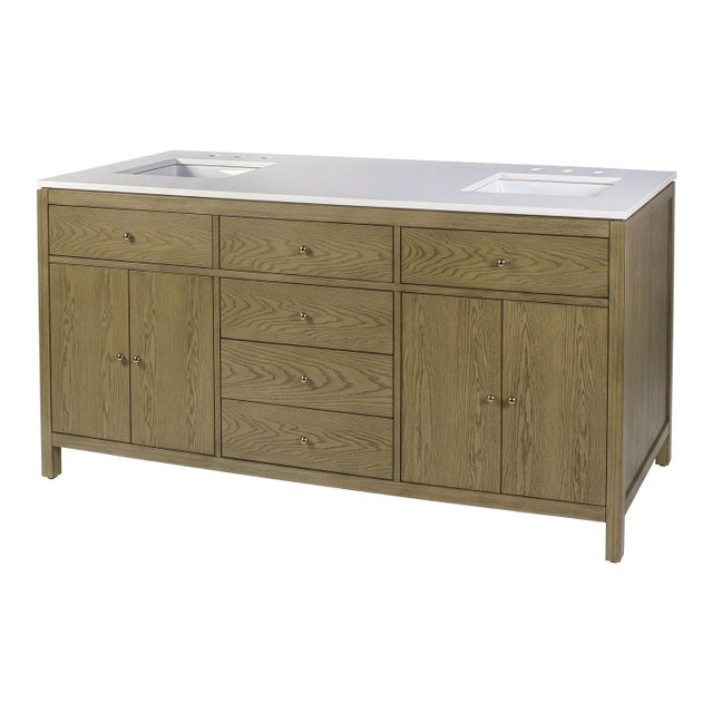 Nora 72 in. W Quartz and Wood Double Sink 4 Drawer Bathroom Vanity Set, Light Oak For Sale
