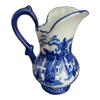 Mid 20th Century Victoria Ware Ironstone Pitcher, Flow Blue Continental Landscape Scene For Sale