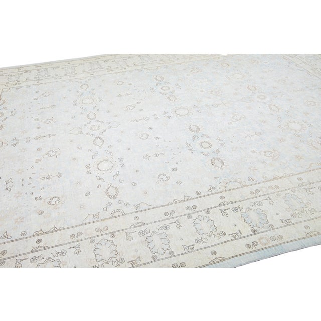 Light Blue Modern Persian Tabriz Style Handmade Floral Wool Rug For Sale In New York - Image 6 of 9