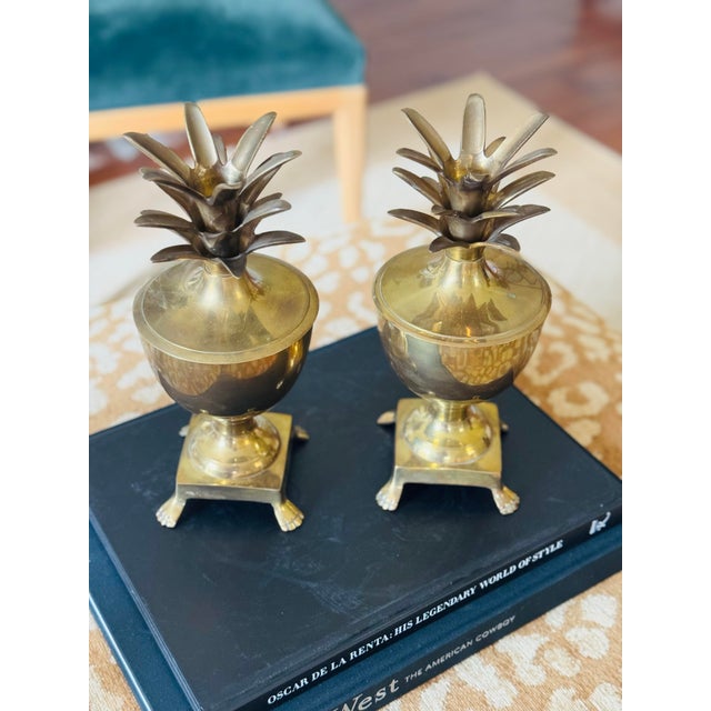 Vintage Mid Century Pair of Brass Pineapple Urns For Sale - Image 6 of 7