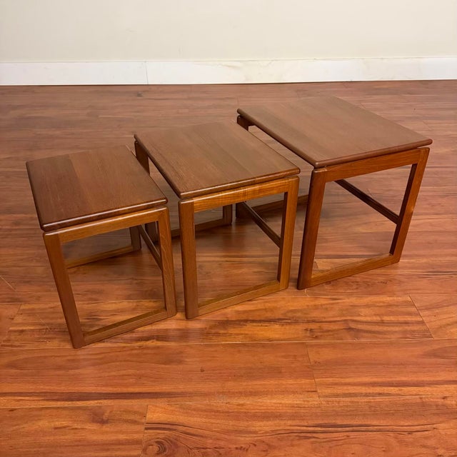 Mid-Century Modern Solid Teak Danish Modern Sled Leg Vintage Nesting Tables For Sale - Image 3 of 11