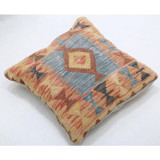 Tribal Arteverk Handwoven Afghan Kilim Pillow — Blue & Beige Diamonds For Sale - Image 3 of 3