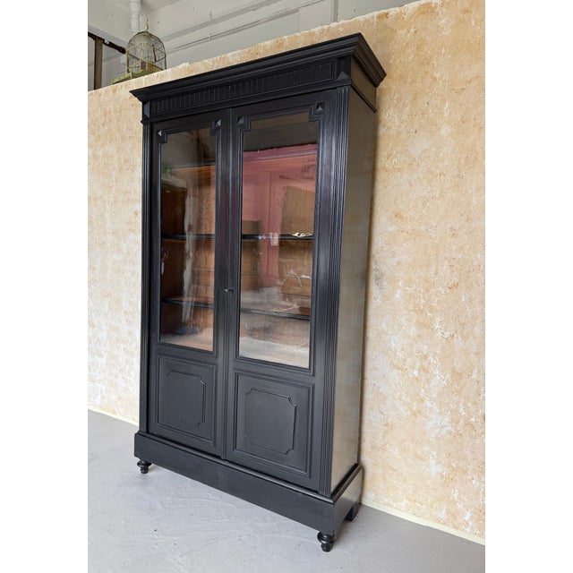 Late 19th Century French Napoleon III Style Ebonized Bookcase With Original Glass Doors For Sale - Image 14 of 18