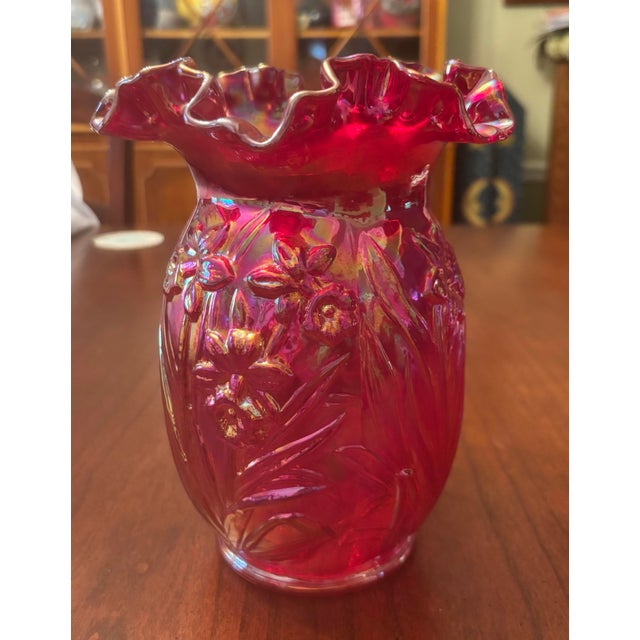 1980s Fenton Iridescent Red Cranberry Daffodil Vase For Sale - Image 5 of 10