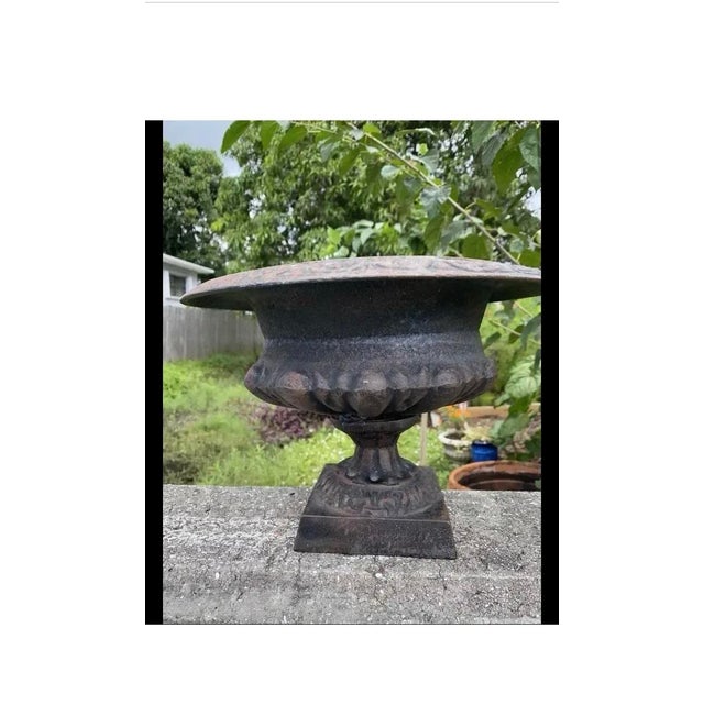 Antique French Cast Iron Garden Urn Planter With Decorative Relief For Sale - Image 10 of 11