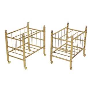 Mid 20th Century Pair of Mid-Century Modern Polished Brass Magazine Racks on Metal Casters For Sale