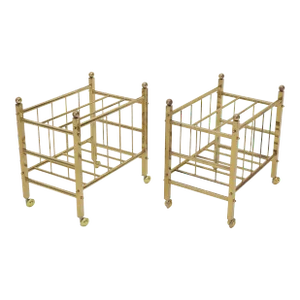 Mid 20th Century Pair of Mid-Century Modern Polished Brass Magazine Racks on Metal Casters