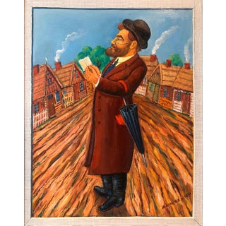 Maurice Kish, Whimsical Judaica Shtetl Shadchan Matchmaker Oil Painting WPA Jewish Folk Artist, 20th.c For Sale