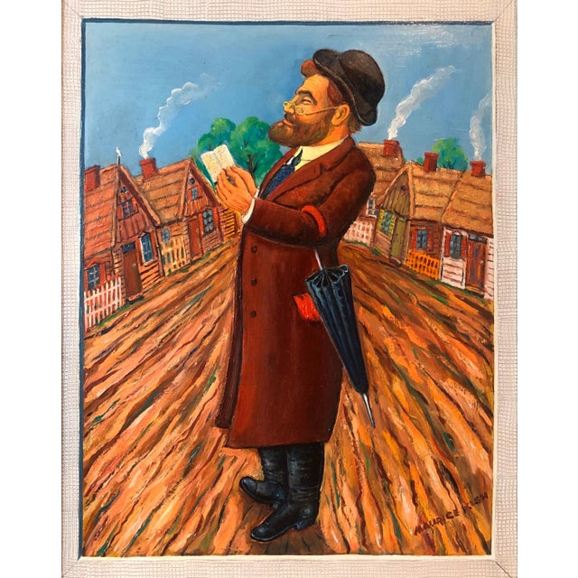 Maurice Kish, Whimsical Judaica Shtetl Shadchan Matchmaker Oil Painting WPA Jewish Folk Artist, 20th.c For Sale