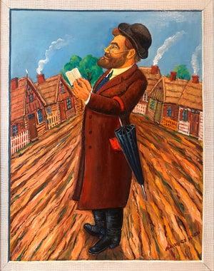 Maurice Kish, Whimsical Judaica Shtetl Shadchan Matchmaker Oil Painting WPA Jewish Folk Artist, 20th.c