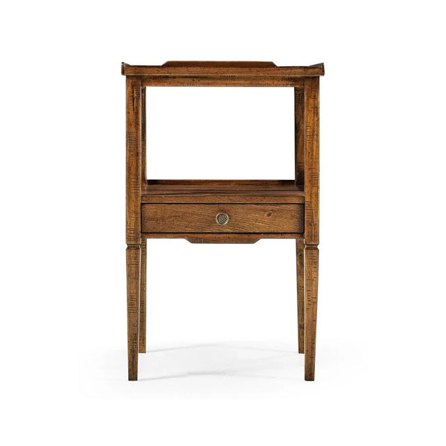 French two-tier lamp table, with a country-style walnut heavily distressed finish on the square top above an under-tier...