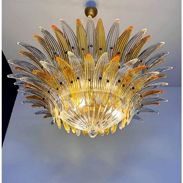 Glass Murano Style Original Palmette Two Levels 82 Amber and Clear Glasses Chandelier / Ceiling Light For Sale - Image 7 of 10