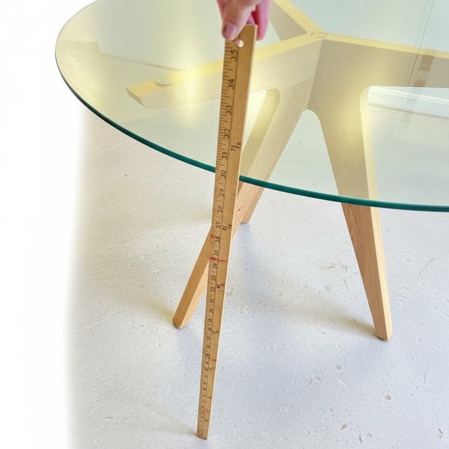 2020s Custom-Made Round Glass Top Kitchen Table With Starburst Sculptural Wood Base (42") For Sale - Image 5 of 8