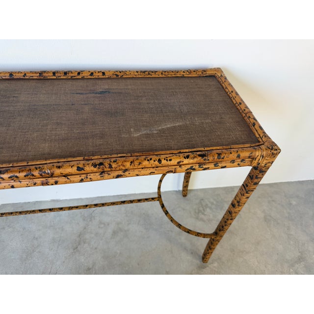 Vintage Faux Tiger Bamboo Wrapped Rattan Console Table For Sale In Miami - Image 6 of 16