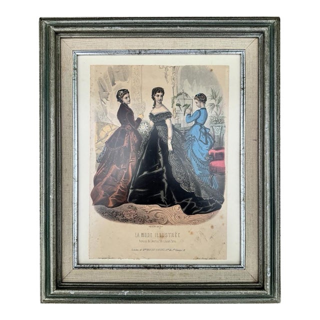 1869 Hand-Colored French Fashion Plate From La Mode Illustrée, Framed For Sale