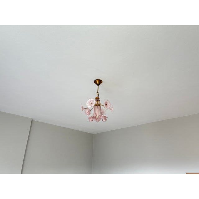 Vintage Murano Glass Ruffled Floral Pendant Light – Pink Swirl & Daisy Shades For Sale - Image 12 of 18