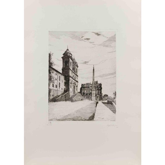 Spanish Steps is an artwork realized by Giuseppe Malandrino in the 1970s. Black and white Etching on paper. Hand-signed...