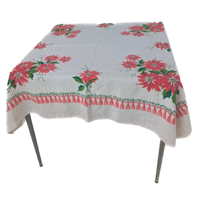 Vintage Square Linen Christmas Tablecloth For Sale In Miami - Image 6 of 7