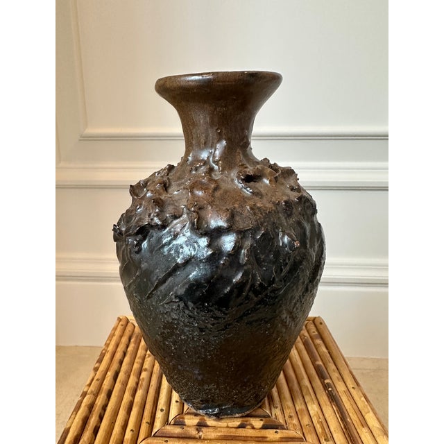 Contemporary Vintage 1970’s Signed Brutalist Ceramic Vase in Brown For Sale - Image 3 of 14