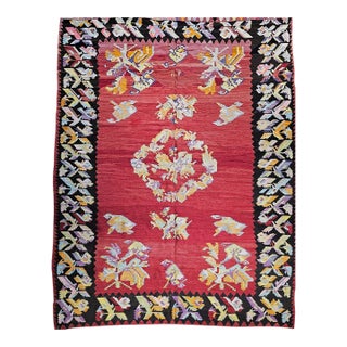 Vintage Caucasian Karabagh Kilim, Handwoven Floral Pattern, Red & Black, 7x10 For Sale