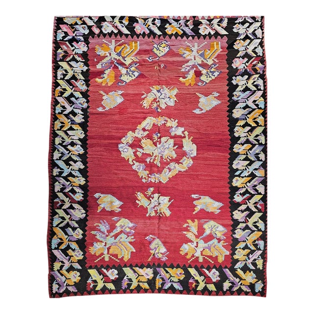 Vintage Caucasian Karabagh Kilim, Handwoven Floral Pattern, Red & Black, 7x10 For Sale