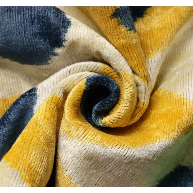 Textile Handmade Yellow & Navy Ikat Velvet Lumbar Pillow 16x24 | Modern Artisan Accent For Sale - Image 7 of 8