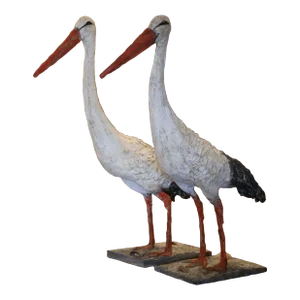 Early 20th Century French Painted Crane Bird Sculptures - Set of 2