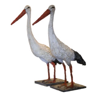 Pair of Early 20th Century French Painted Concrete Stork Garden Sculptures For Sale