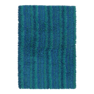 Vintage Swedish Rya Rug in Blue and Teal Striped Pattern - Rug & Kilim For Sale