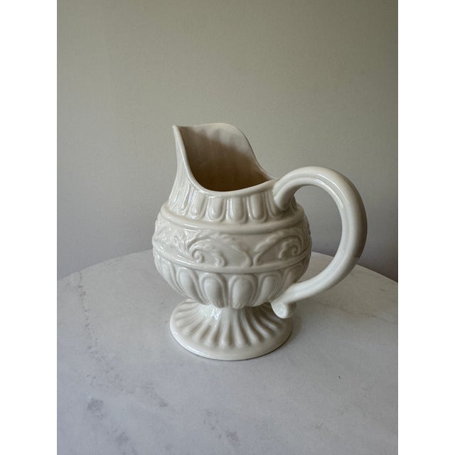 Neoclassical Vintage Creamware Footed Pitcher With Embossed Classical Relief For Sale - Image 3 of 9