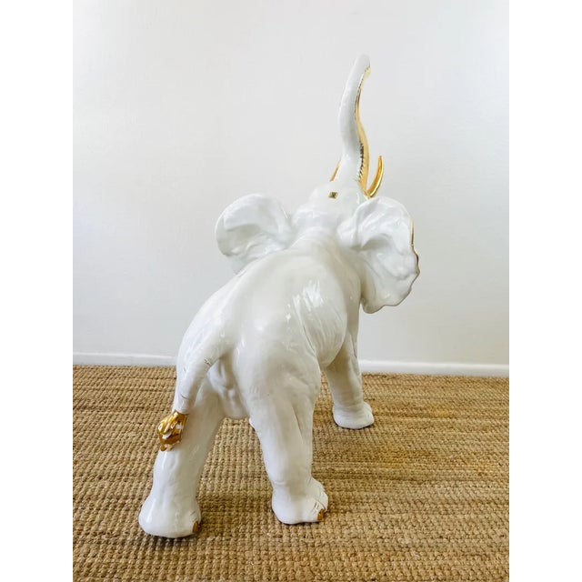 White Vintage 1980s Huge White & Gold Ceramic Statue With Trunk Up / Blanc De Chine For Sale - Image 8 of 10