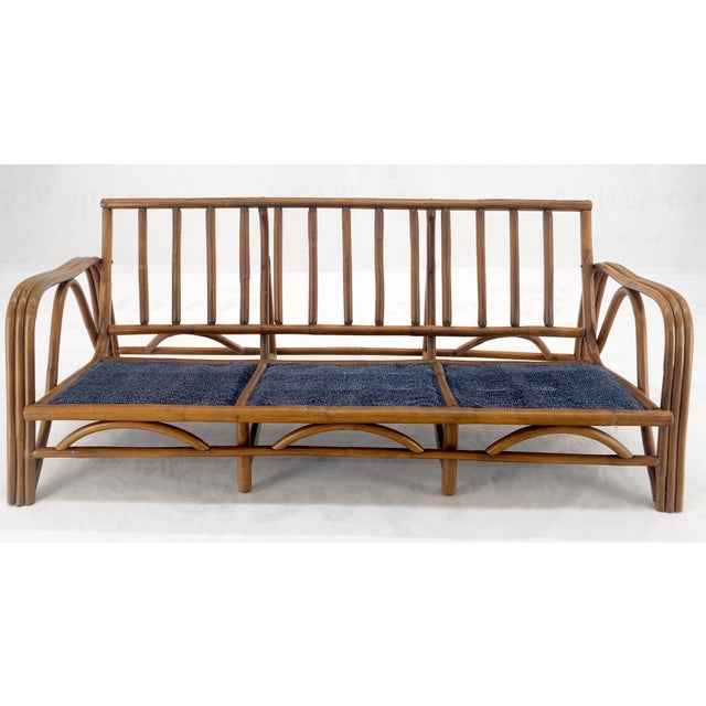Blue 1970s Striped Blue Upholstery Bamboo Frame Mid Century Modern Sofa MINT! For Sale - Image 8 of 17