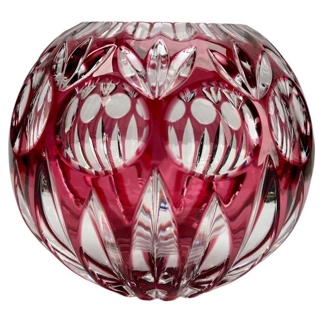 Bohemian Globe Vase in Ruby-Red Cut-to-Clear Collard Crystal with Geometric Decoration, 1950 For Sale - Image 4 of 9
