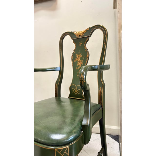 Mid 20th Century Mid-Century Chinoiserie Green Leather Arm Chairs - Queen Anne Style For Sale - Image 5 of 10